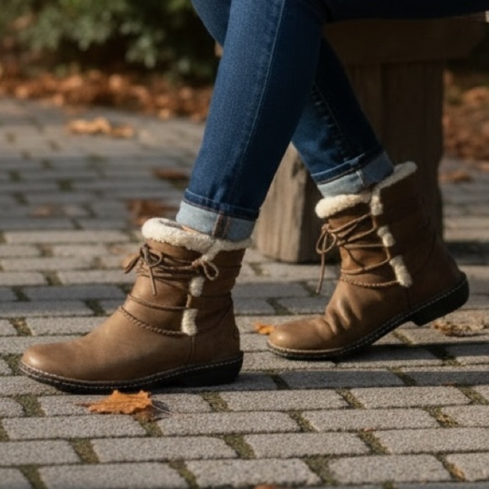 UGG Rianne lace-up Ankle Boots brown leather & Cream Shearling Trim size 7